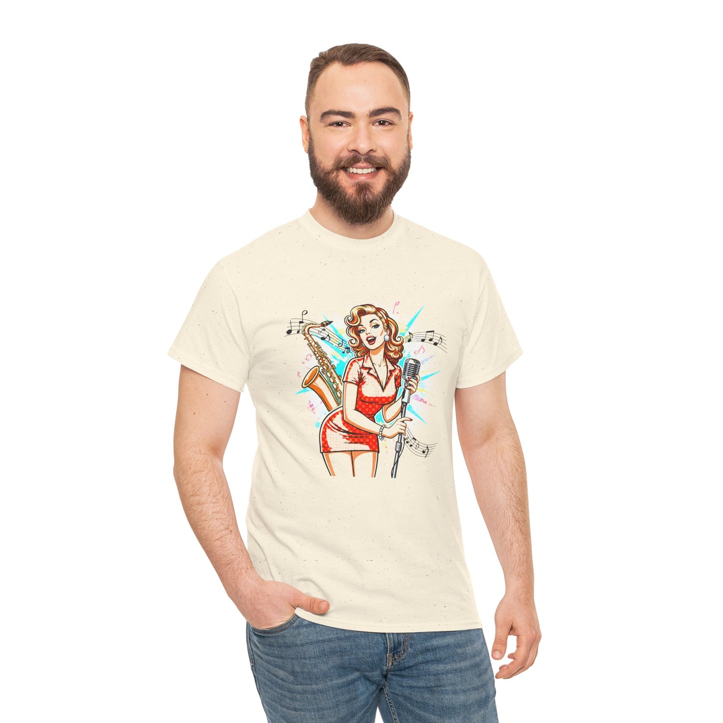 Pin-up Girl With Sax & Mic Tee, Unisex Heavy Cotton T-Shirt, Casual Statement Wear