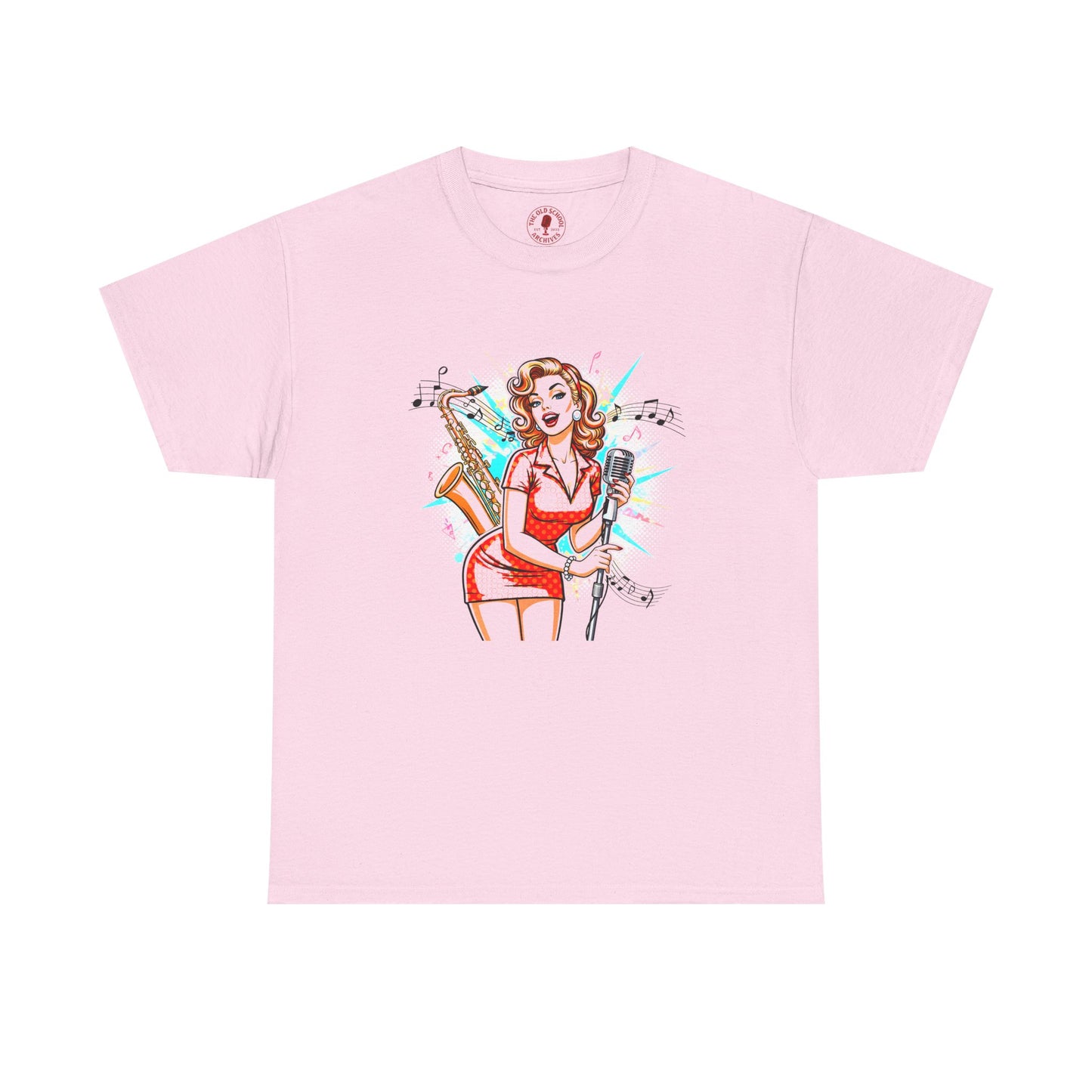 Pin-up Girl With Sax & Mic Tee, Unisex Heavy Cotton T-Shirt, Casual Statement Wear