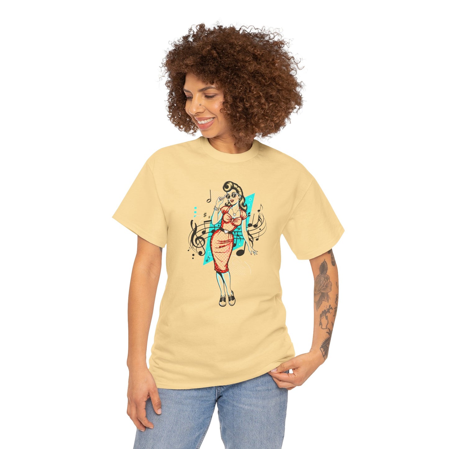 Pin-up Girl With Music Staff Notes Tee, Unisex Heavy Cotton T-Shirt, Casual Statement Wear