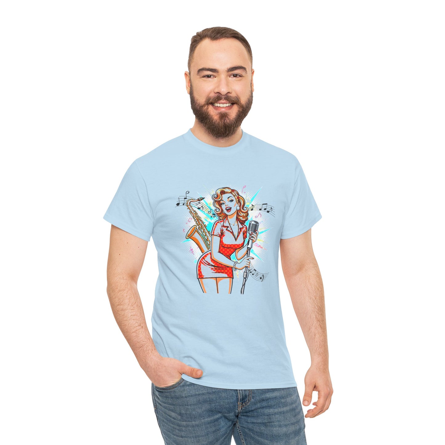 Pin-up Girl With Sax & Mic Tee, Unisex Heavy Cotton T-Shirt, Casual Statement Wear