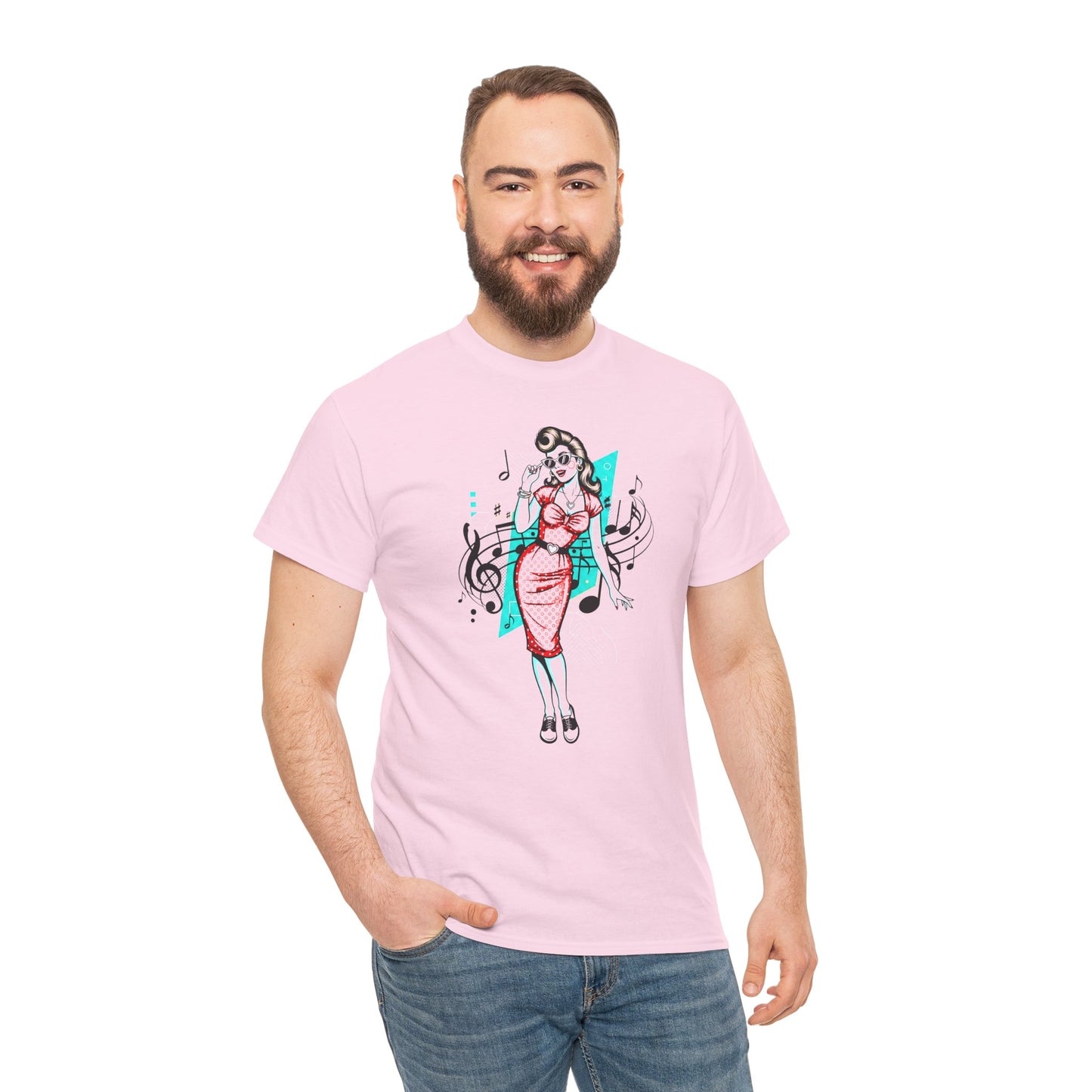 Pin-up Girl With Music Staff Notes Tee, Unisex Heavy Cotton T-Shirt, Casual Statement Wear