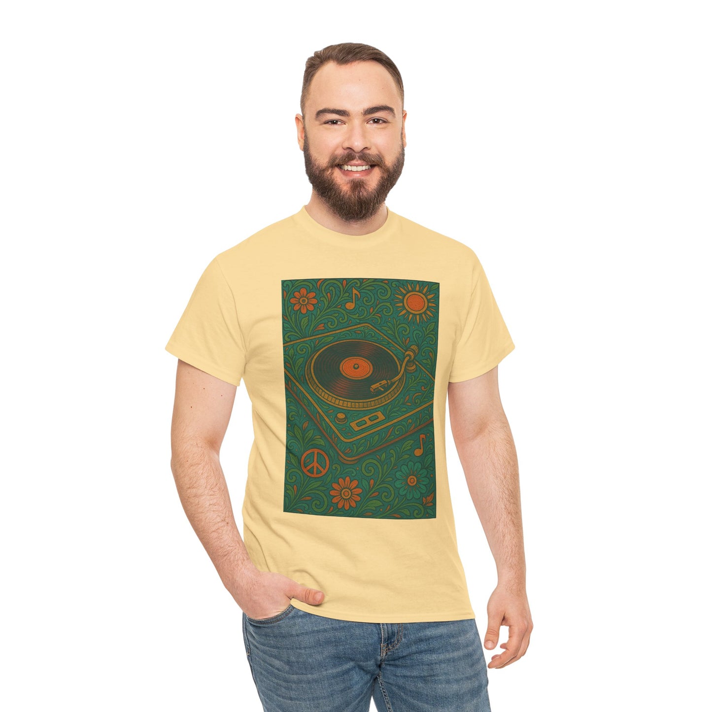 Retro Peace Love Turntable Tee Unisex Heavy Cotton T-Shirt Hipster Fashion
