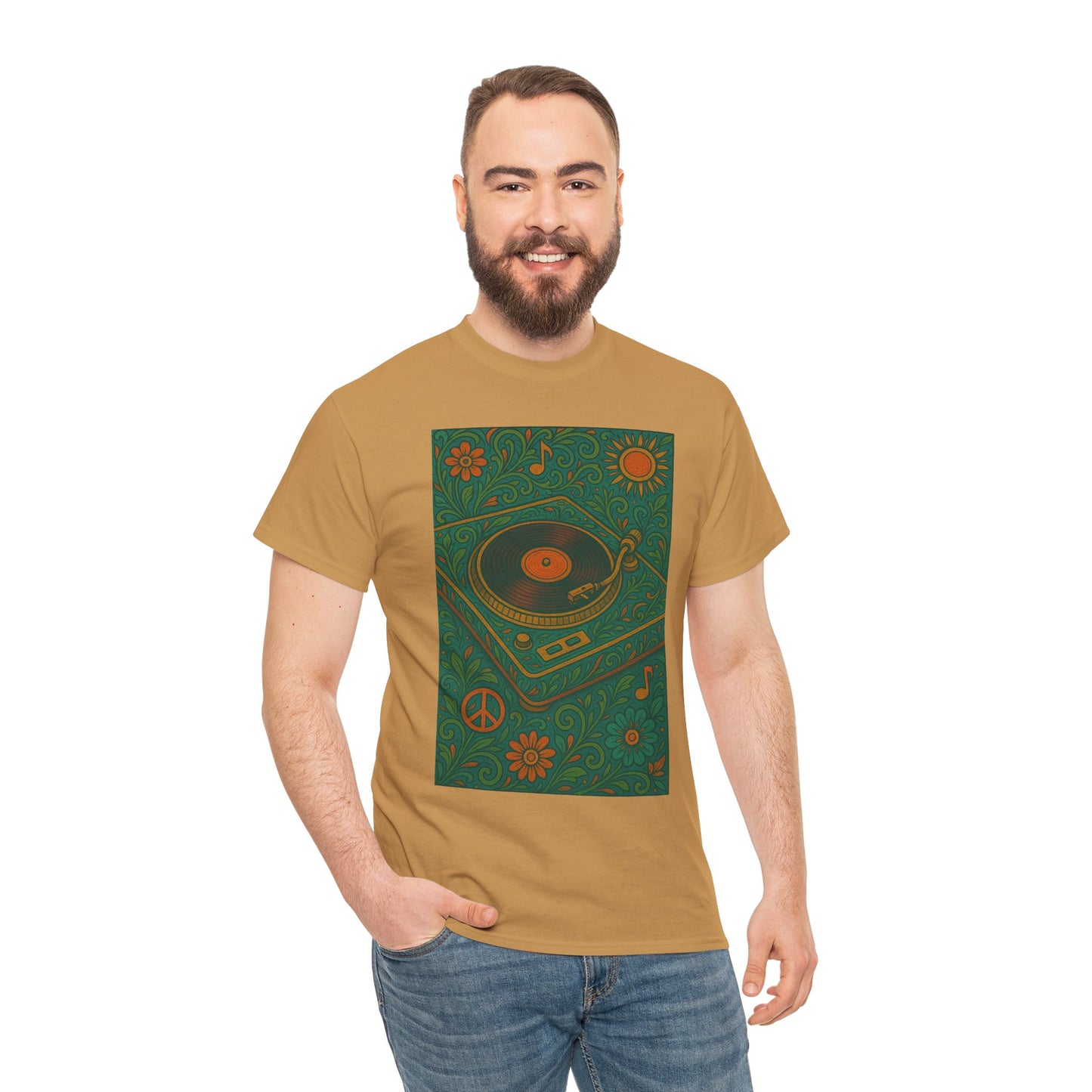 Retro Peace Love Turntable Tee Unisex Heavy Cotton T-Shirt Hipster Fashion