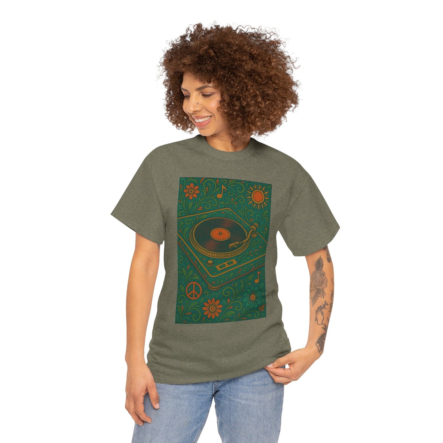 Retro Peace Love Turntable Tee Unisex Heavy Cotton T-Shirt Hipster Fashion