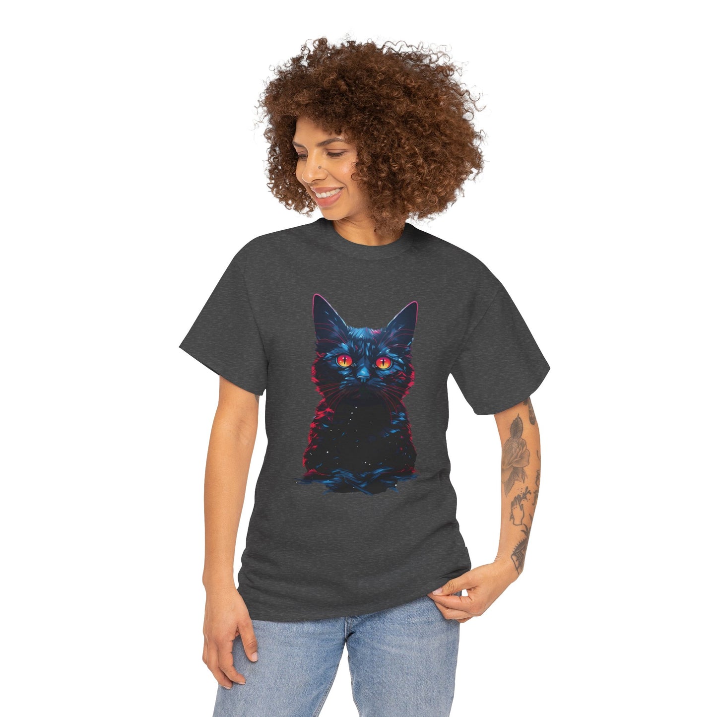 Glowing Black Kitty Cat Orange Eyes Unisex Heavy Cotton Tee | Vintage T-Shirt, Graphic Tee, Casual Wear