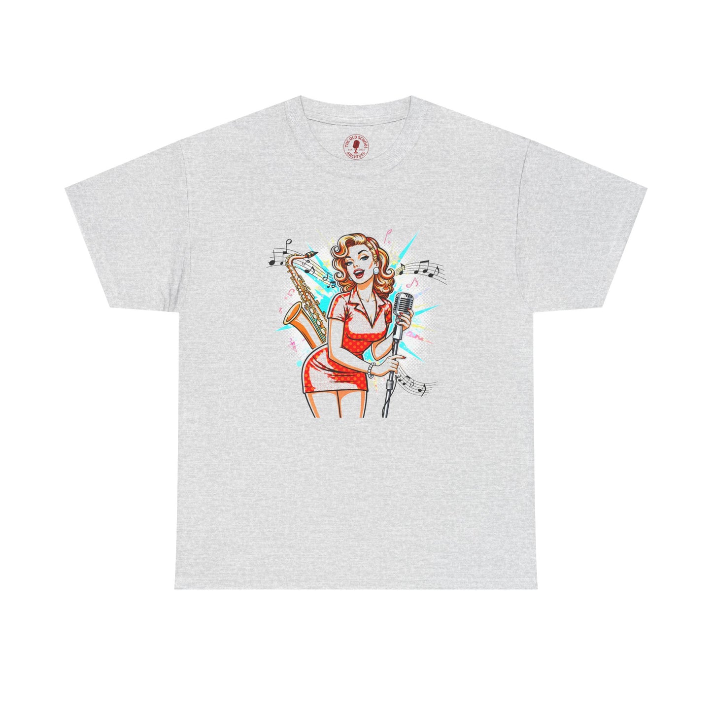 Pin-up Girl With Sax & Mic Tee, Unisex Heavy Cotton T-Shirt, Casual Statement Wear
