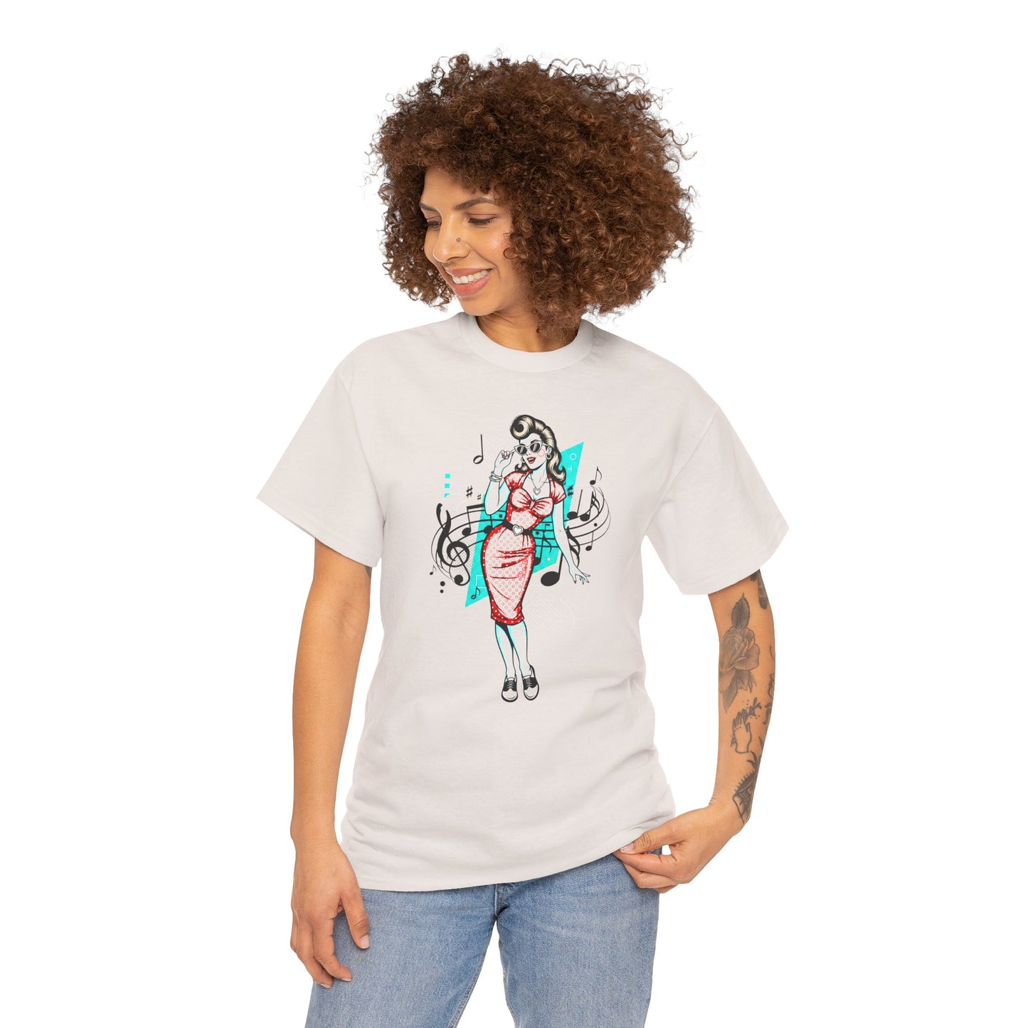 Pin-up Girl With Music Staff Notes Tee, Unisex Heavy Cotton T-Shirt, Casual Statement Wear