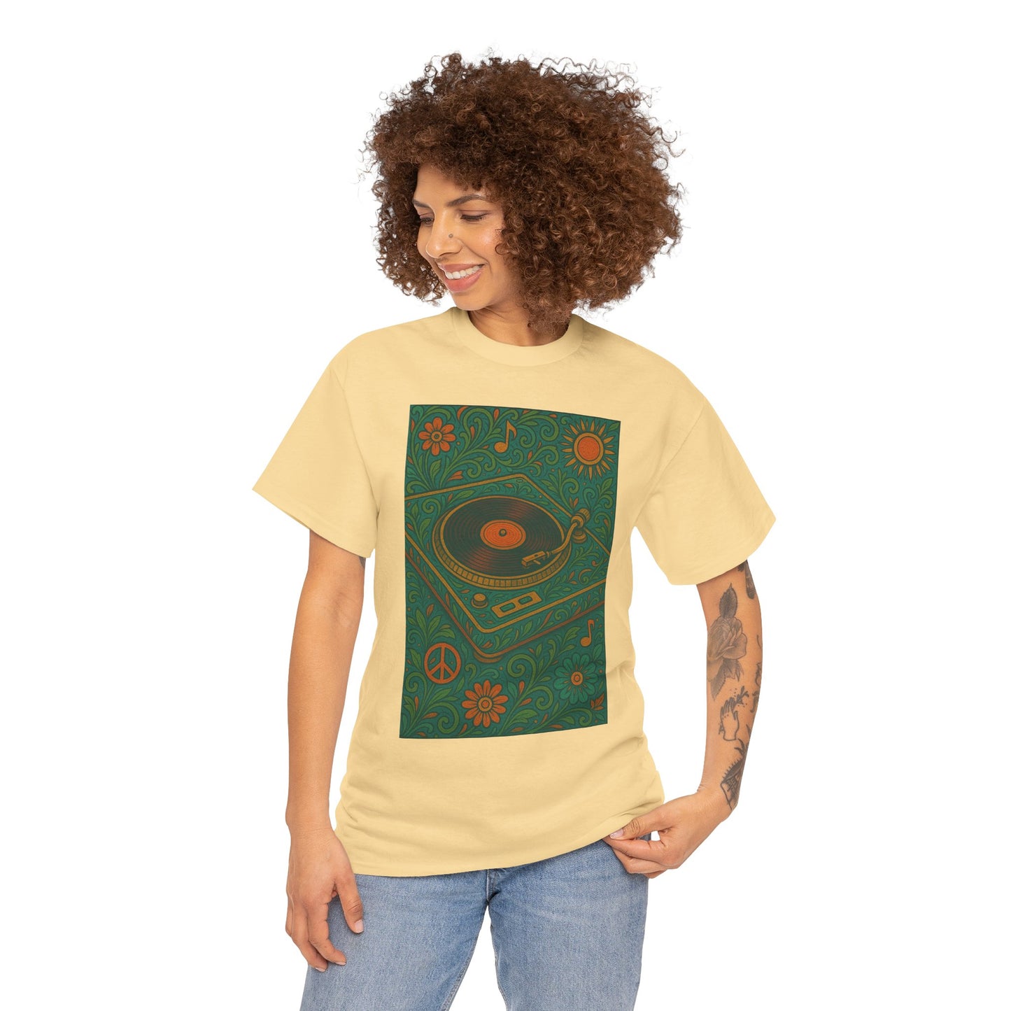 Retro Peace Love Turntable Tee Unisex Heavy Cotton T-Shirt Hipster Fashion