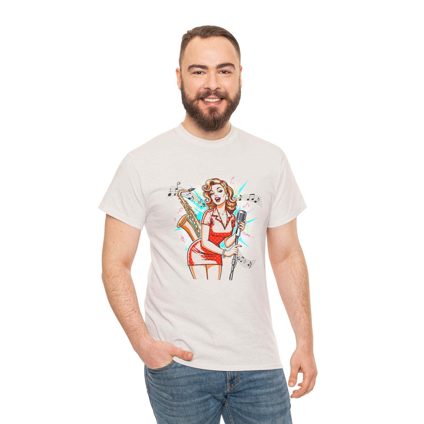 Pin-up Girl With Sax & Mic Tee, Unisex Heavy Cotton T-Shirt, Casual Statement Wear