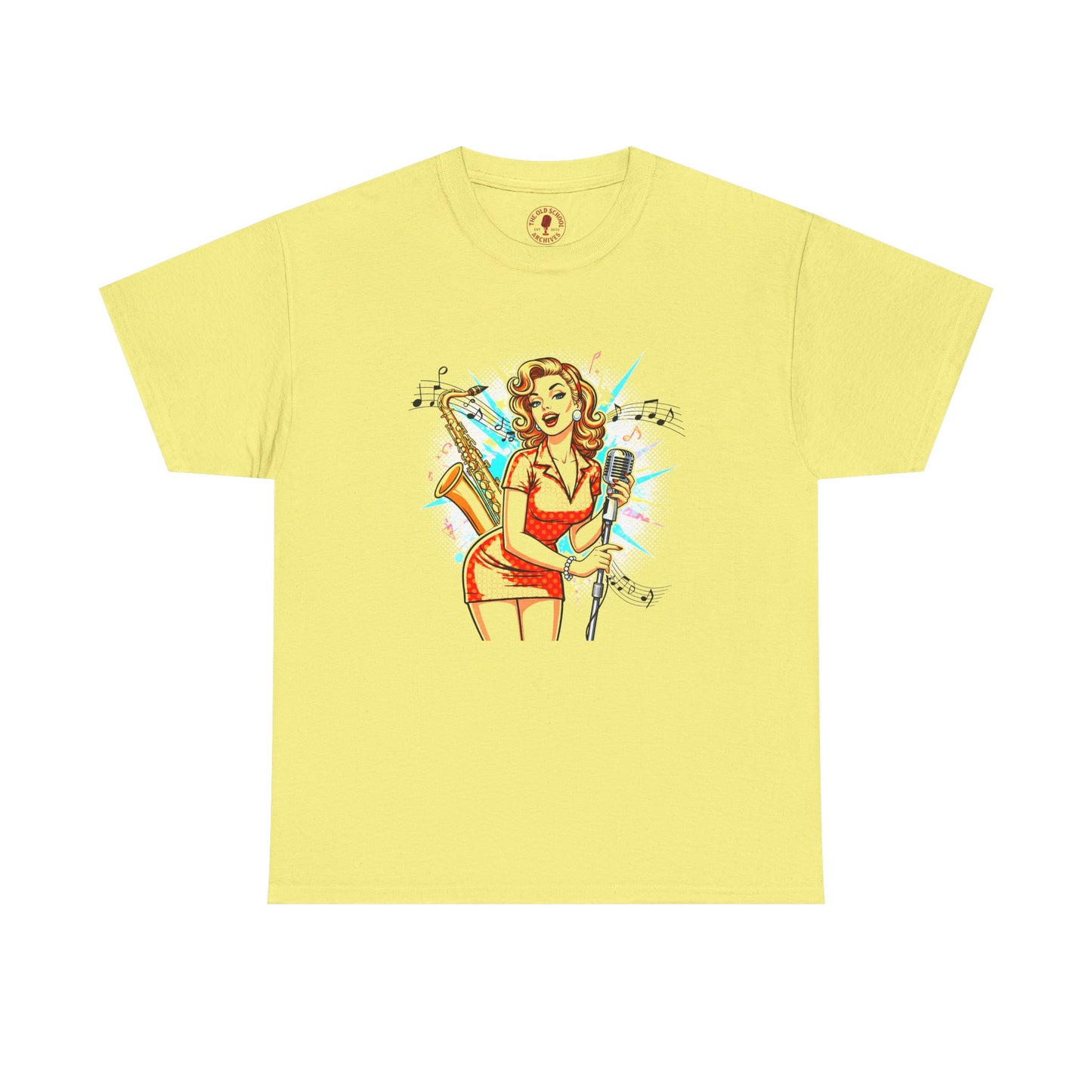 Pin-up Girl With Sax & Mic Tee, Unisex Heavy Cotton T-Shirt, Casual Statement Wear