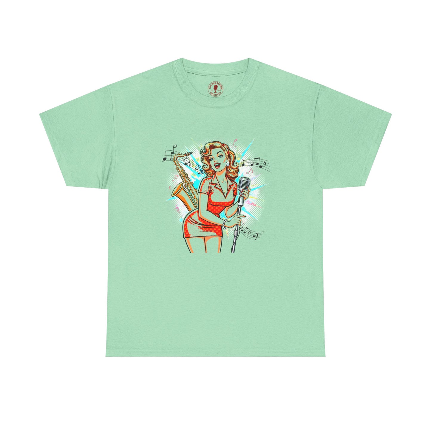 Pin-up Girl With Sax & Mic Tee, Unisex Heavy Cotton T-Shirt, Casual Statement Wear