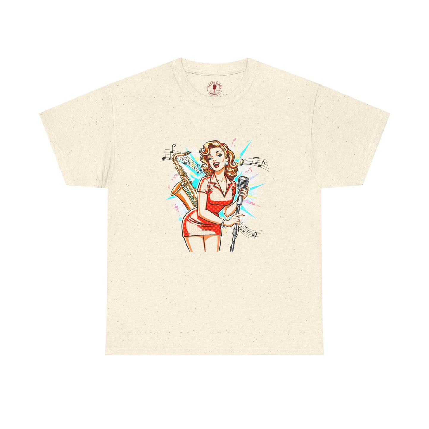 Pin-up Girl With Sax & Mic Tee, Unisex Heavy Cotton T-Shirt, Casual Statement Wear