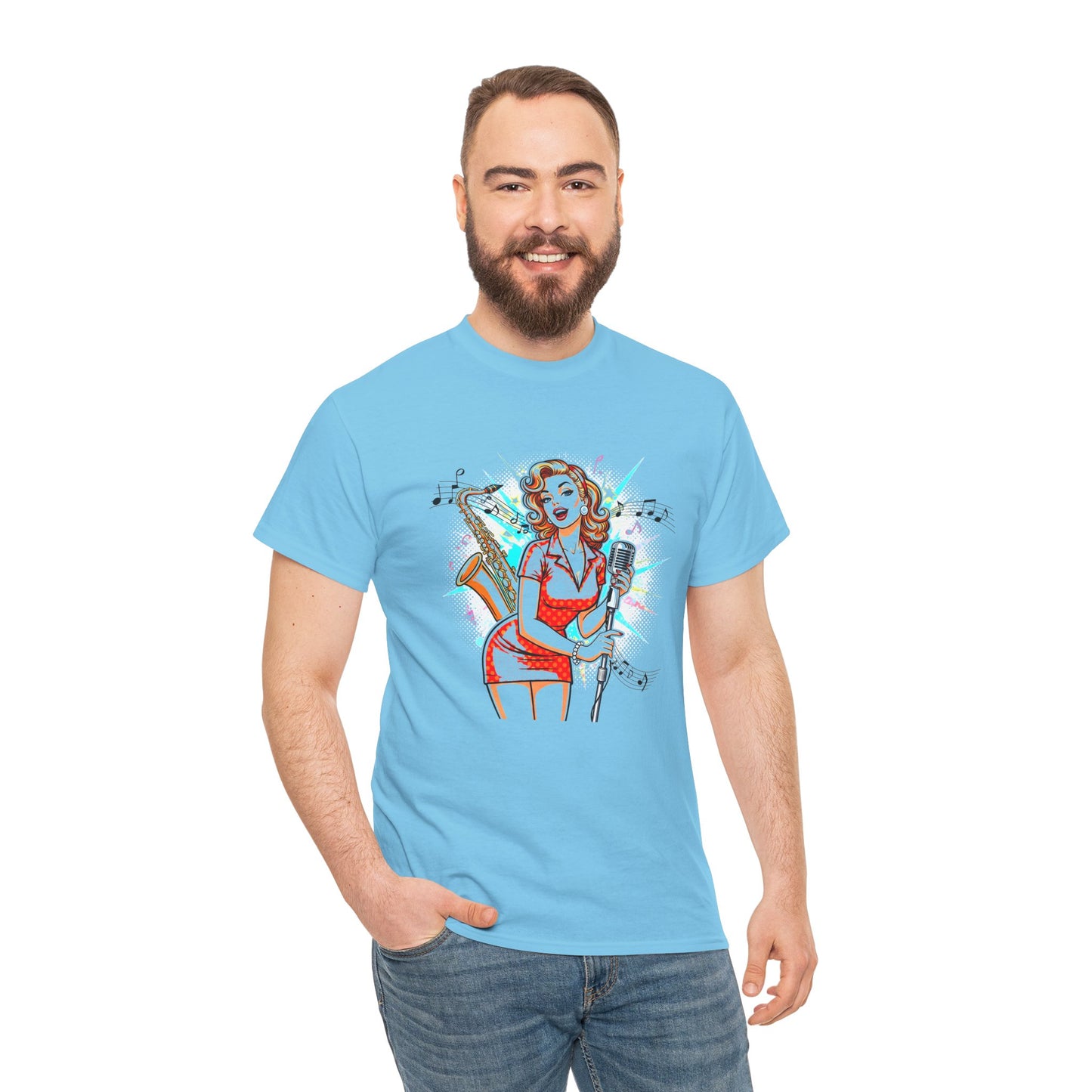 Pin-up Girl With Sax & Mic Tee, Unisex Heavy Cotton T-Shirt, Casual Statement Wear
