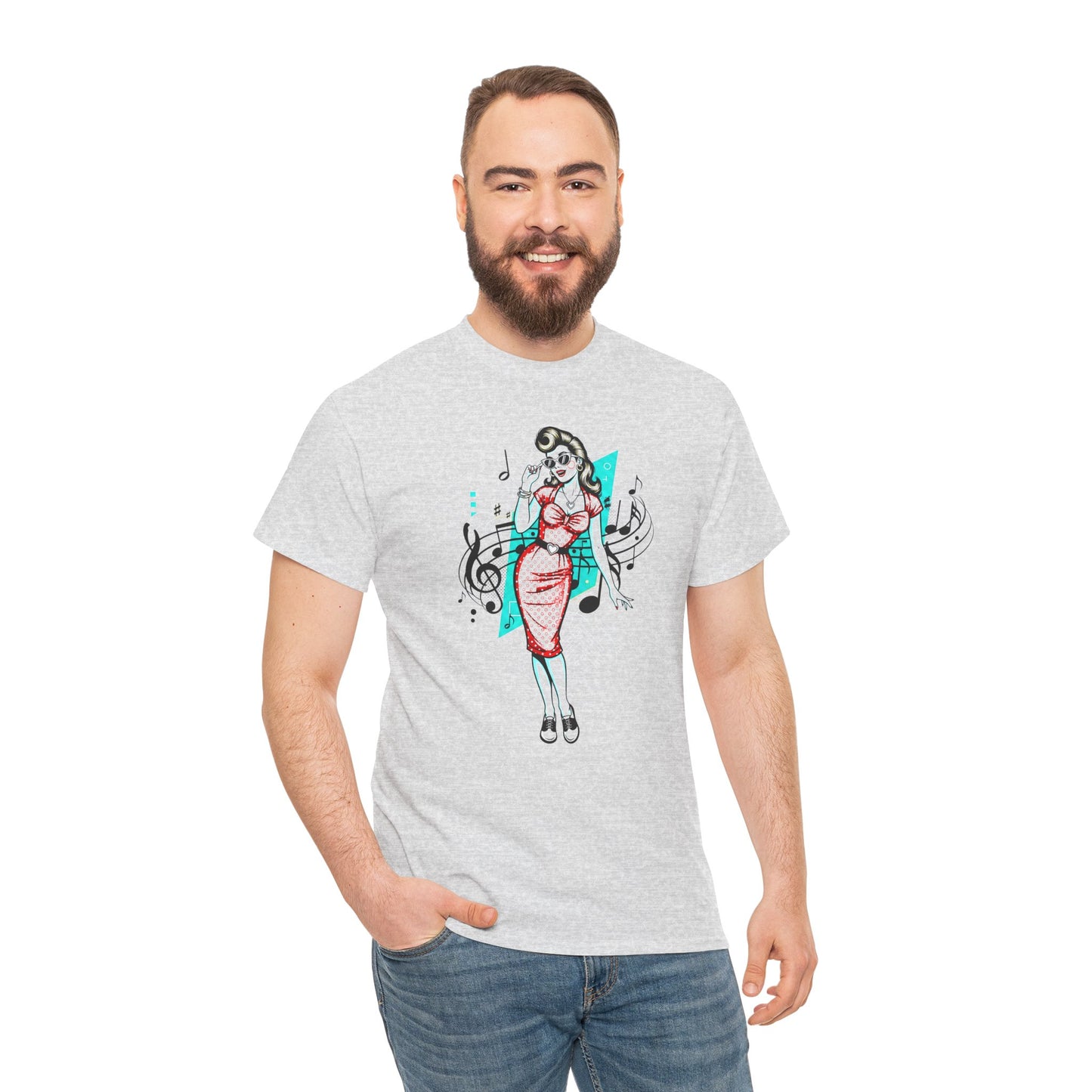 Pin-up Girl With Music Staff Notes Tee, Unisex Heavy Cotton T-Shirt, Casual Statement Wear