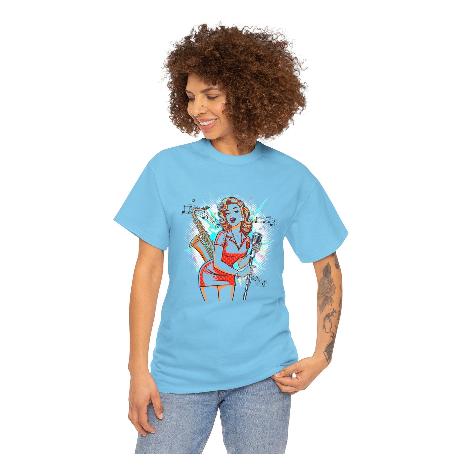 Pin-up Girl With Sax & Mic Tee, Unisex Heavy Cotton T-Shirt, Casual Statement Wear