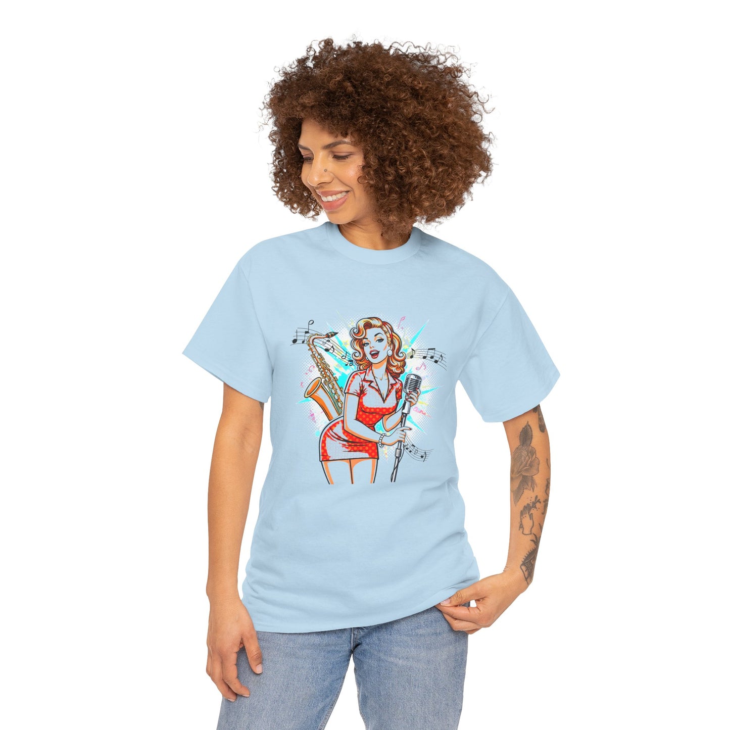 Pin-up Girl With Sax & Mic Tee, Unisex Heavy Cotton T-Shirt, Casual Statement Wear
