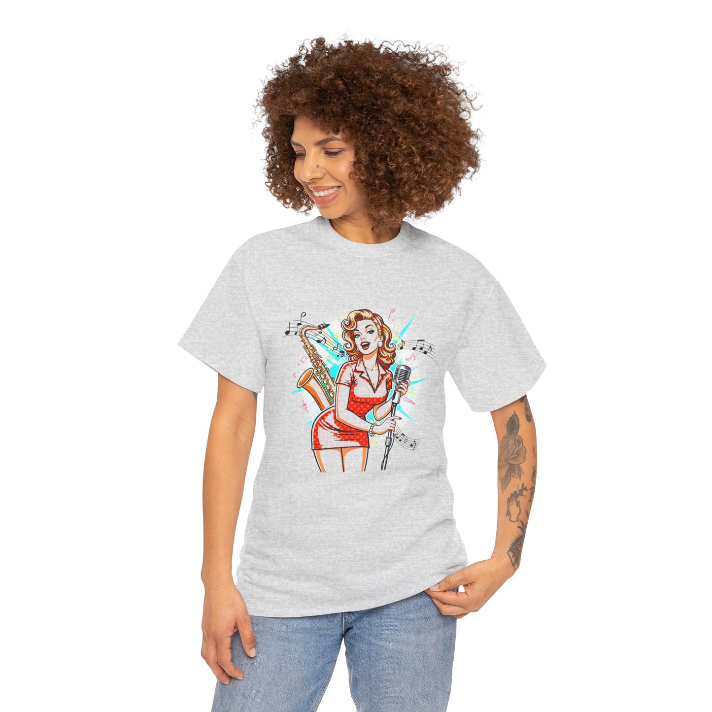 Pin-up Girl With Sax & Mic Tee, Unisex Heavy Cotton T-Shirt, Casual Statement Wear