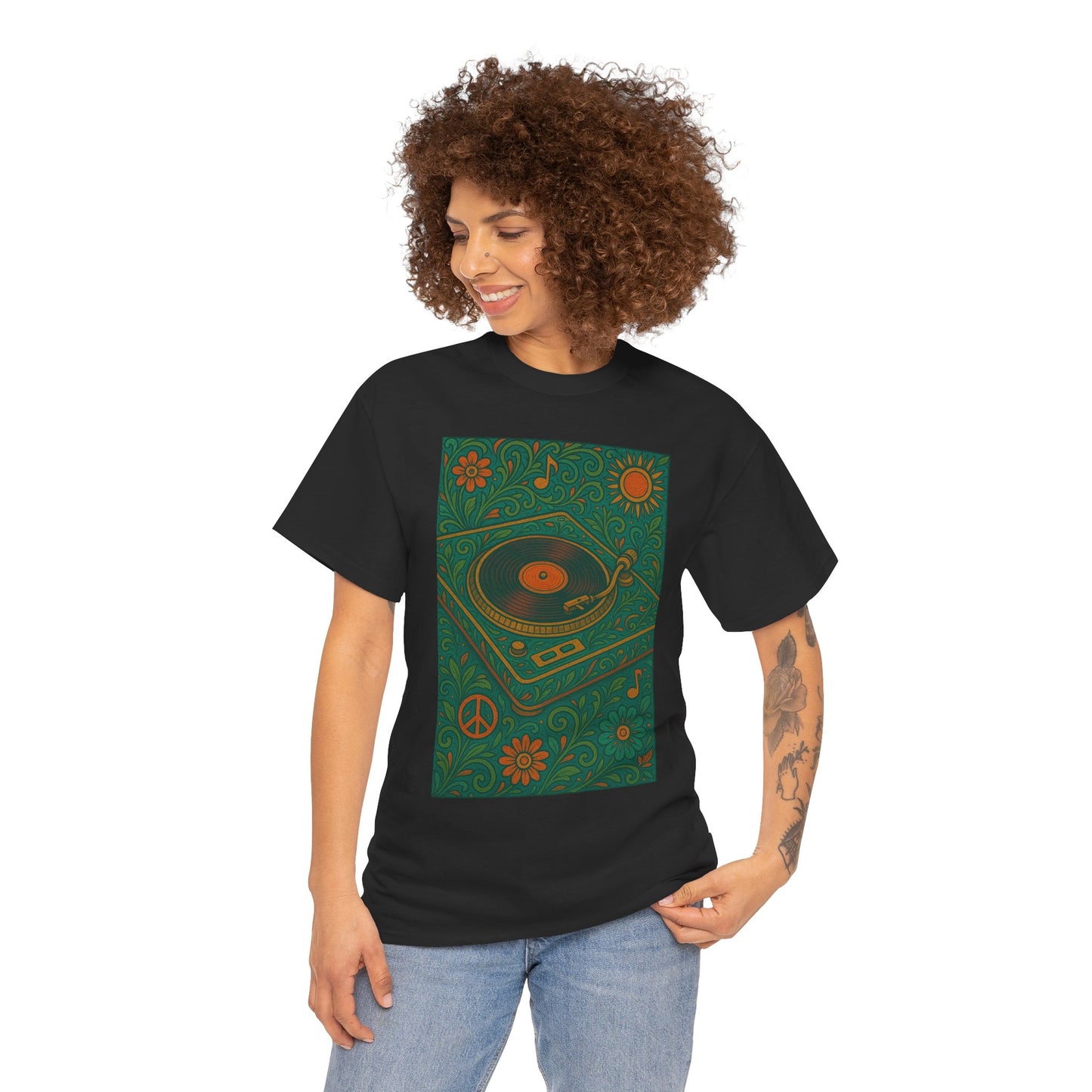 Retro Peace Love Turntable Tee Unisex Heavy Cotton T-Shirt Hipster Fashion