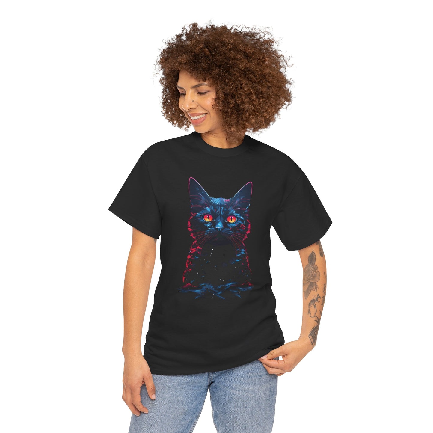 Glowing Black Kitty Cat Orange Eyes Unisex Heavy Cotton Tee | Vintage T-Shirt, Graphic Tee, Casual Wear