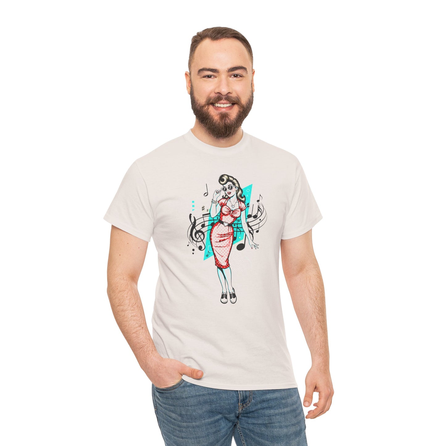 Pin-up Girl With Music Staff Notes Tee, Unisex Heavy Cotton T-Shirt, Casual Statement Wear