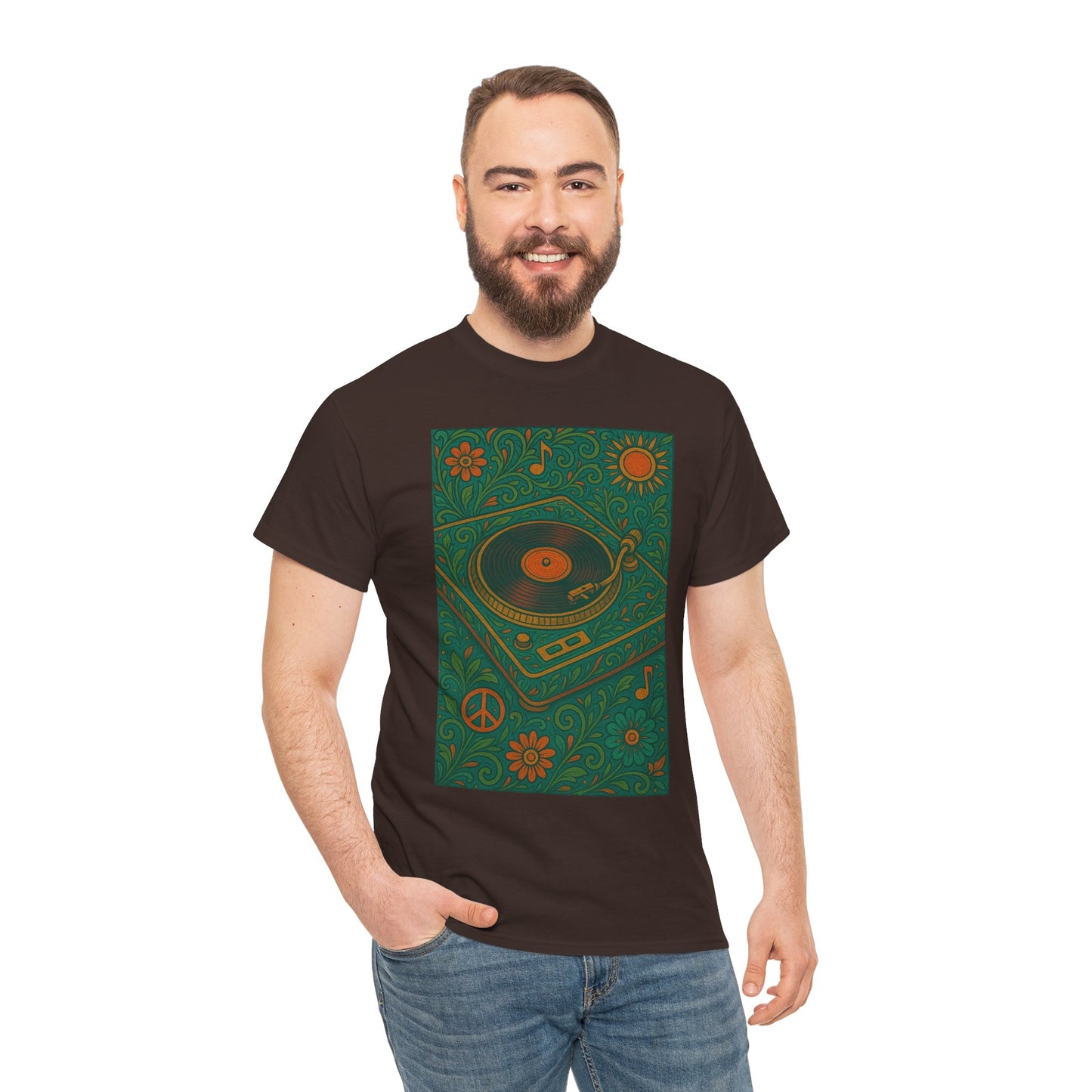 Retro Peace Love Turntable Tee Unisex Heavy Cotton T-Shirt Hipster Fashion