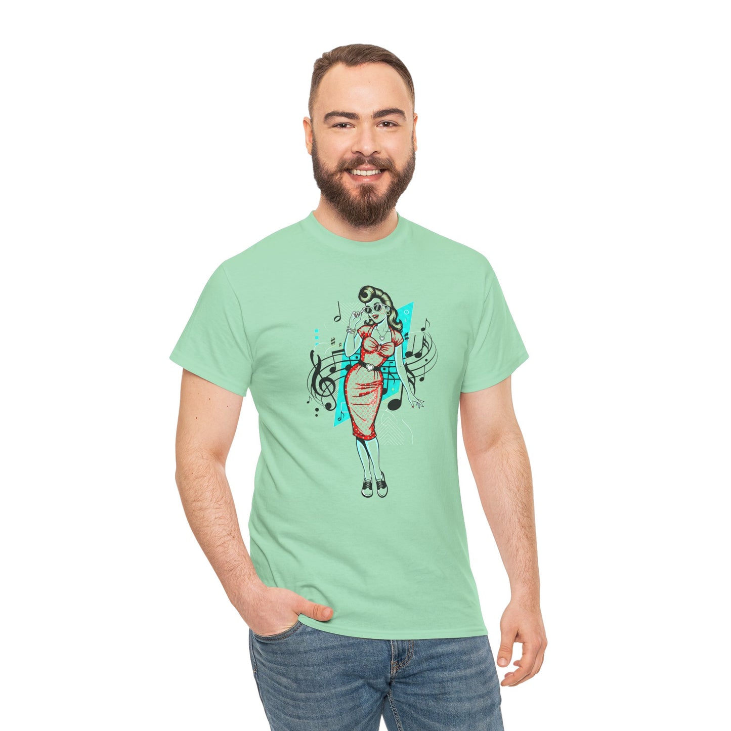 Pin-up Girl With Music Staff Notes Tee, Unisex Heavy Cotton T-Shirt, Casual Statement Wear