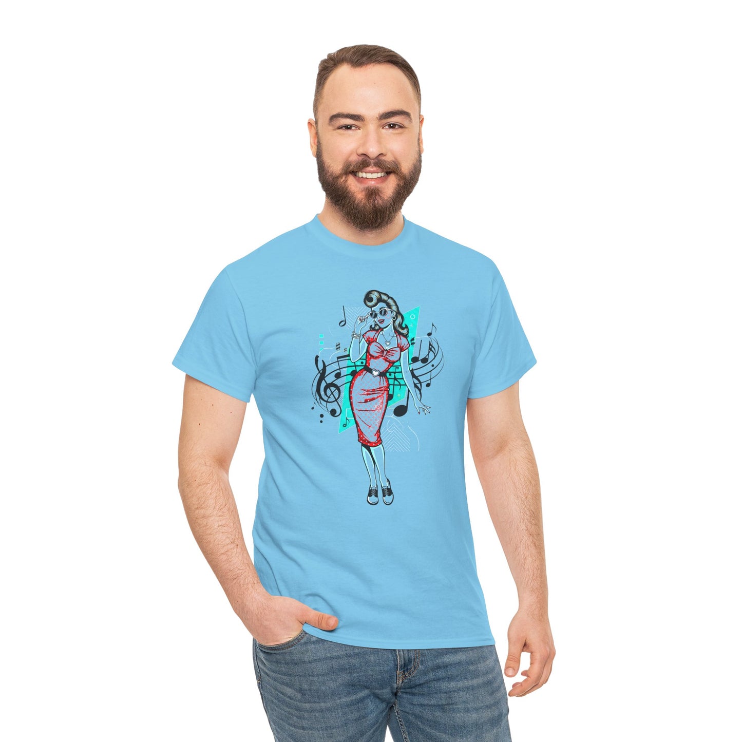 Pin-up Girl With Music Staff Notes Tee, Unisex Heavy Cotton T-Shirt, Casual Statement Wear