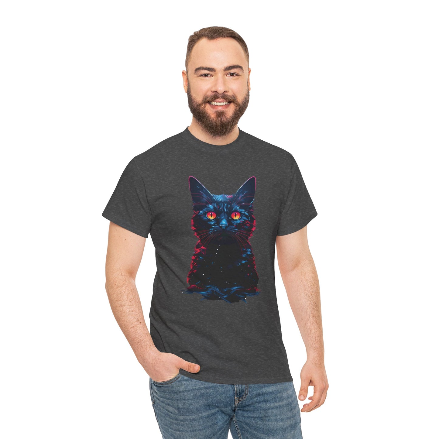 Glowing Black Kitty Cat Orange Eyes Unisex Heavy Cotton Tee | Vintage T-Shirt, Graphic Tee, Casual Wear