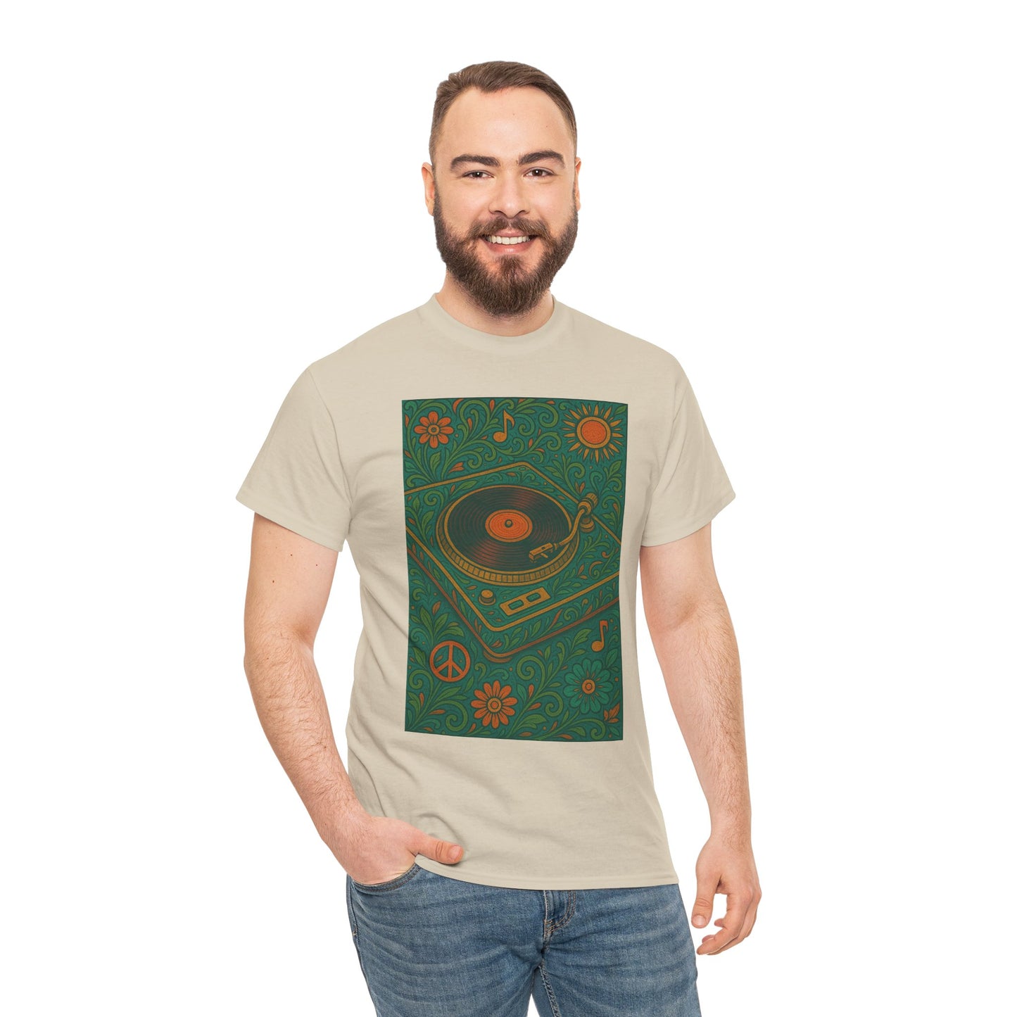 Retro Peace Love Turntable Tee Unisex Heavy Cotton T-Shirt Hipster Fashion