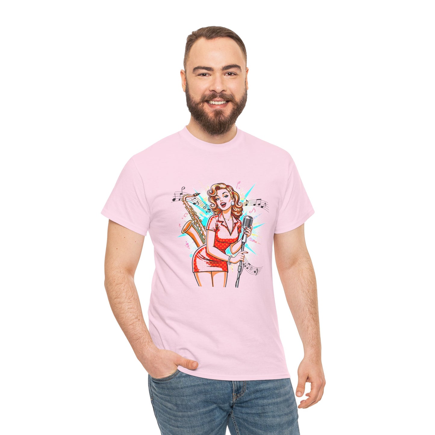 Pin-up Girl With Sax & Mic Tee, Unisex Heavy Cotton T-Shirt, Casual Statement Wear