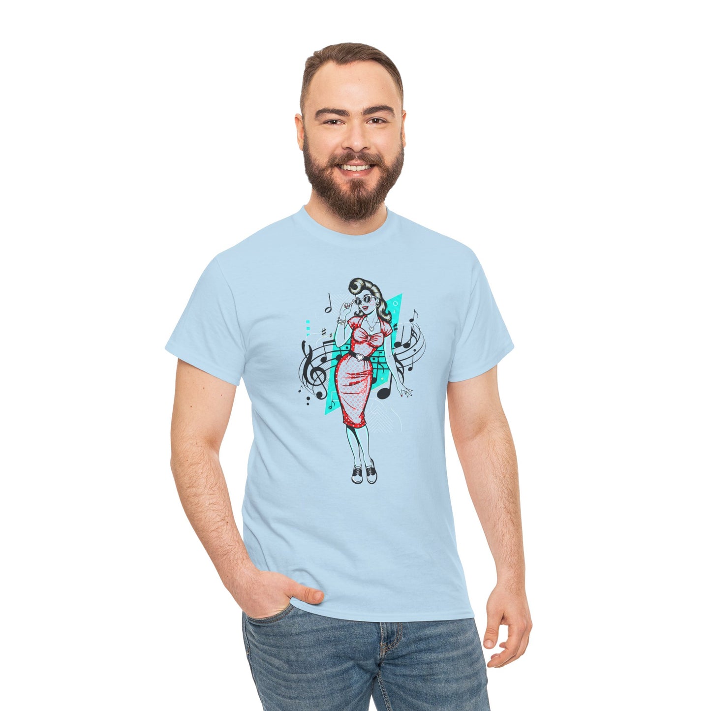 Pin-up Girl With Music Staff Notes Tee, Unisex Heavy Cotton T-Shirt, Casual Statement Wear