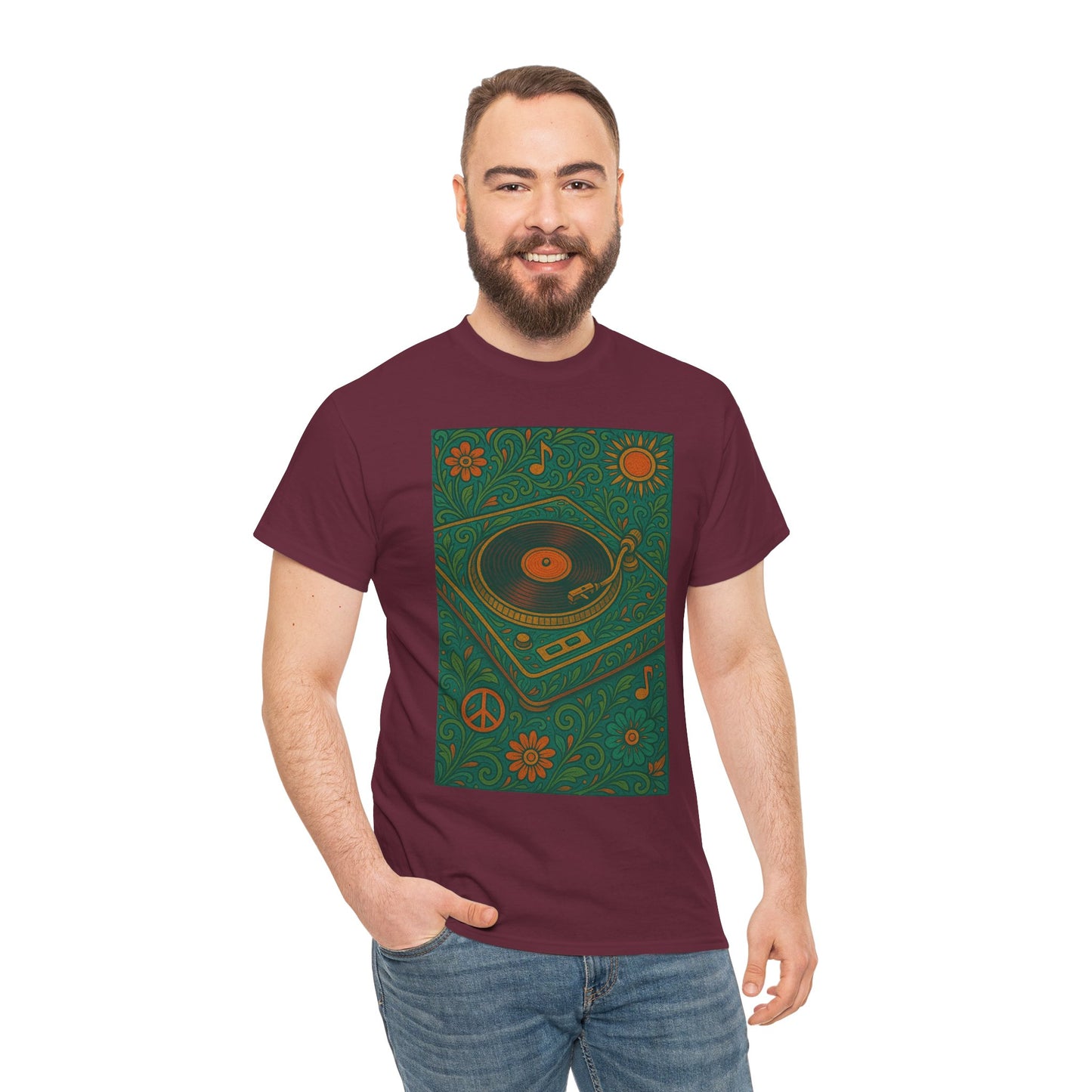 Retro Peace Love Turntable Tee Unisex Heavy Cotton T-Shirt Hipster Fashion