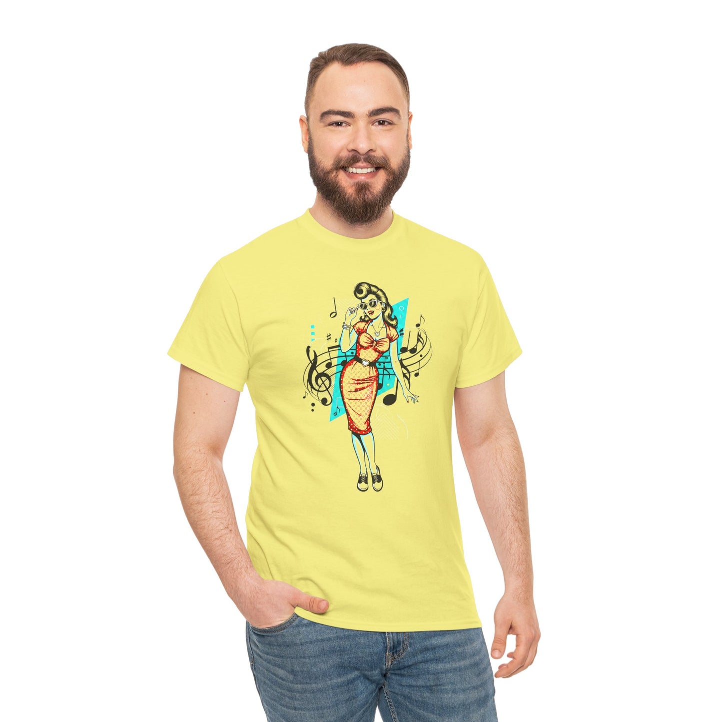 Pin-up Girl With Music Staff Notes Tee, Unisex Heavy Cotton T-Shirt, Casual Statement Wear
