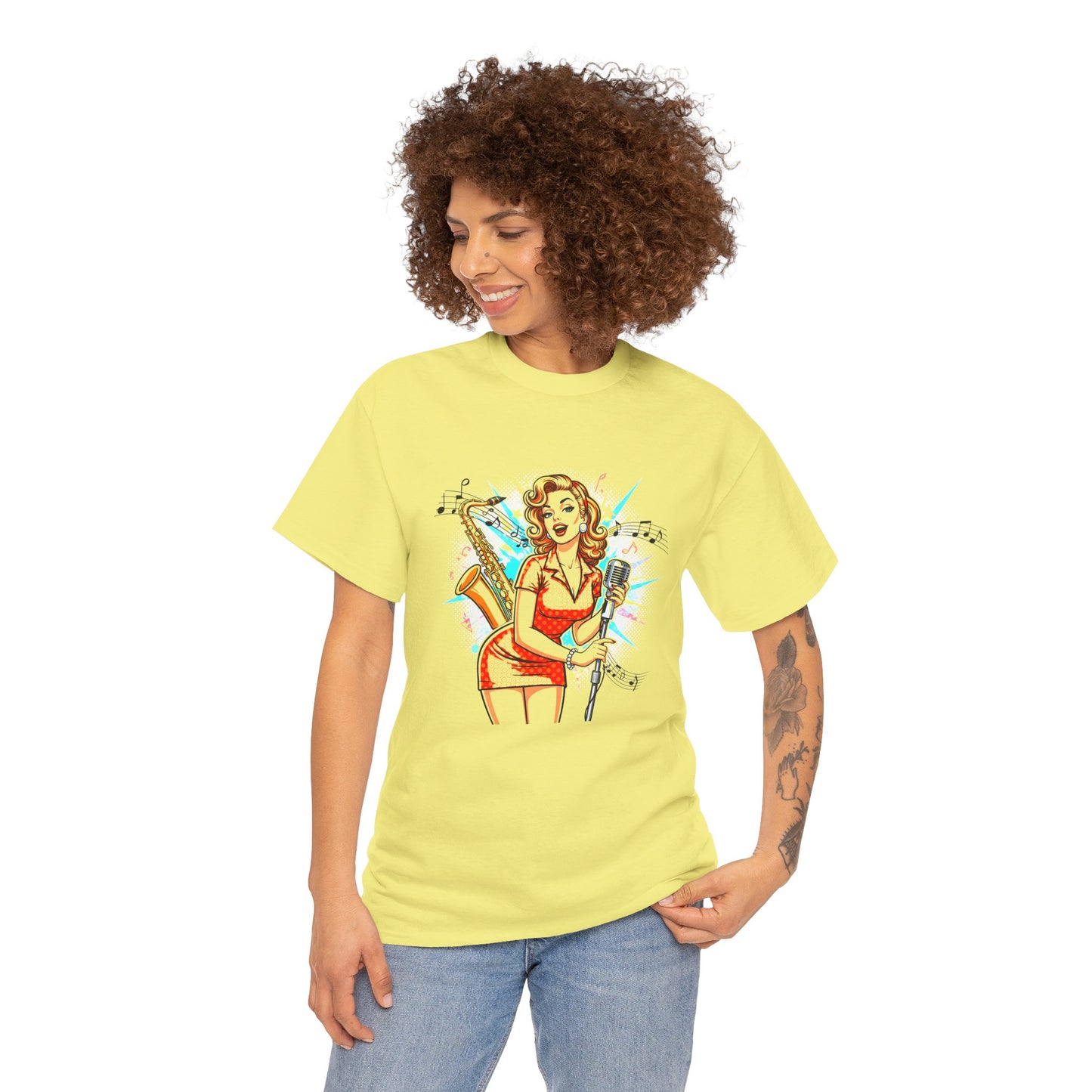 Pin-up Girl With Sax & Mic Tee, Unisex Heavy Cotton T-Shirt, Casual Statement Wear