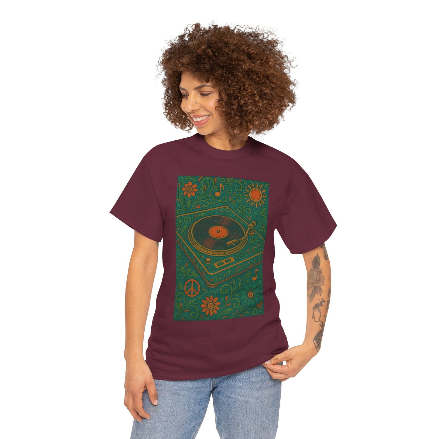 Retro Peace Love Turntable Tee Unisex Heavy Cotton T-Shirt Hipster Fashion