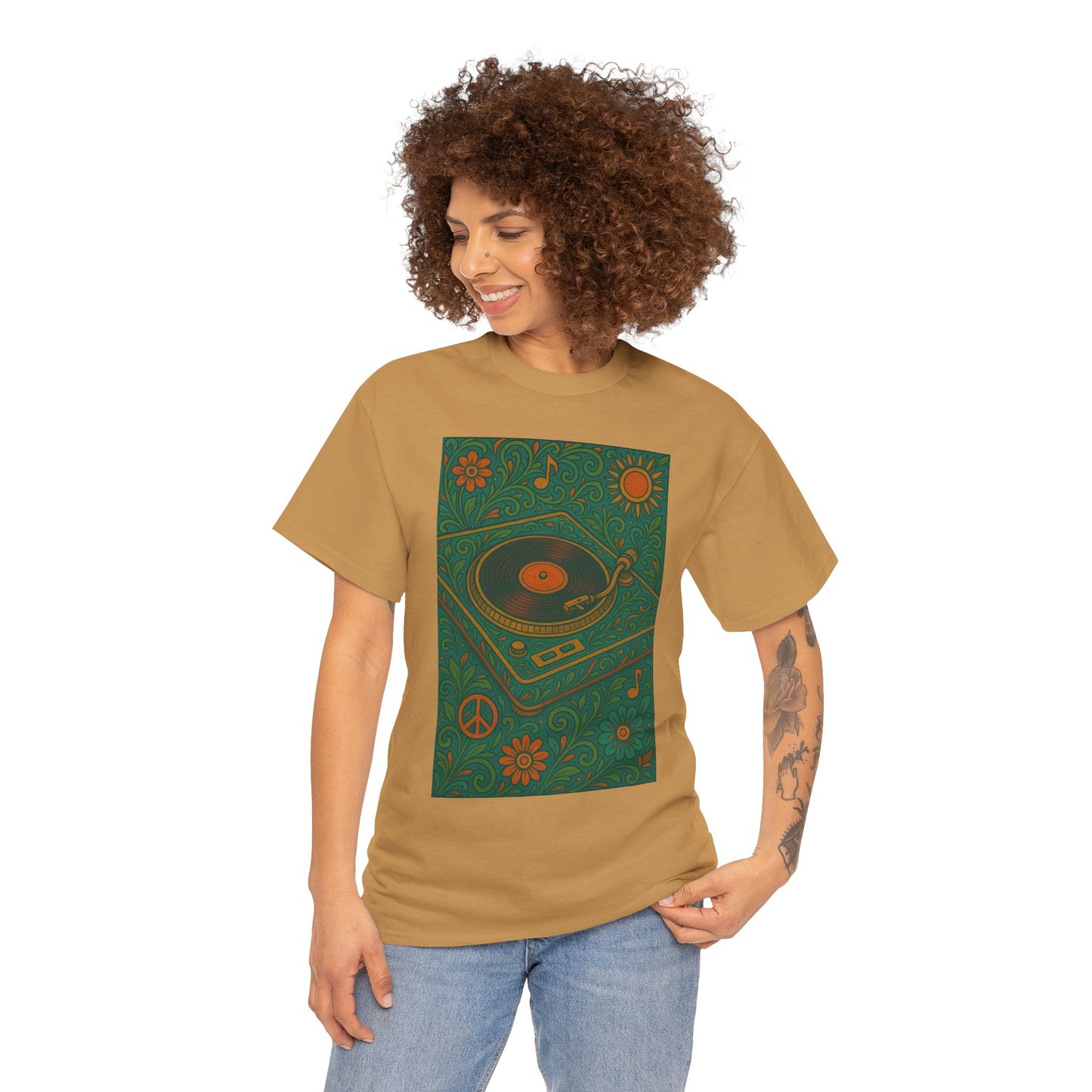 Retro Peace Love Turntable Tee Unisex Heavy Cotton T-Shirt Hipster Fashion