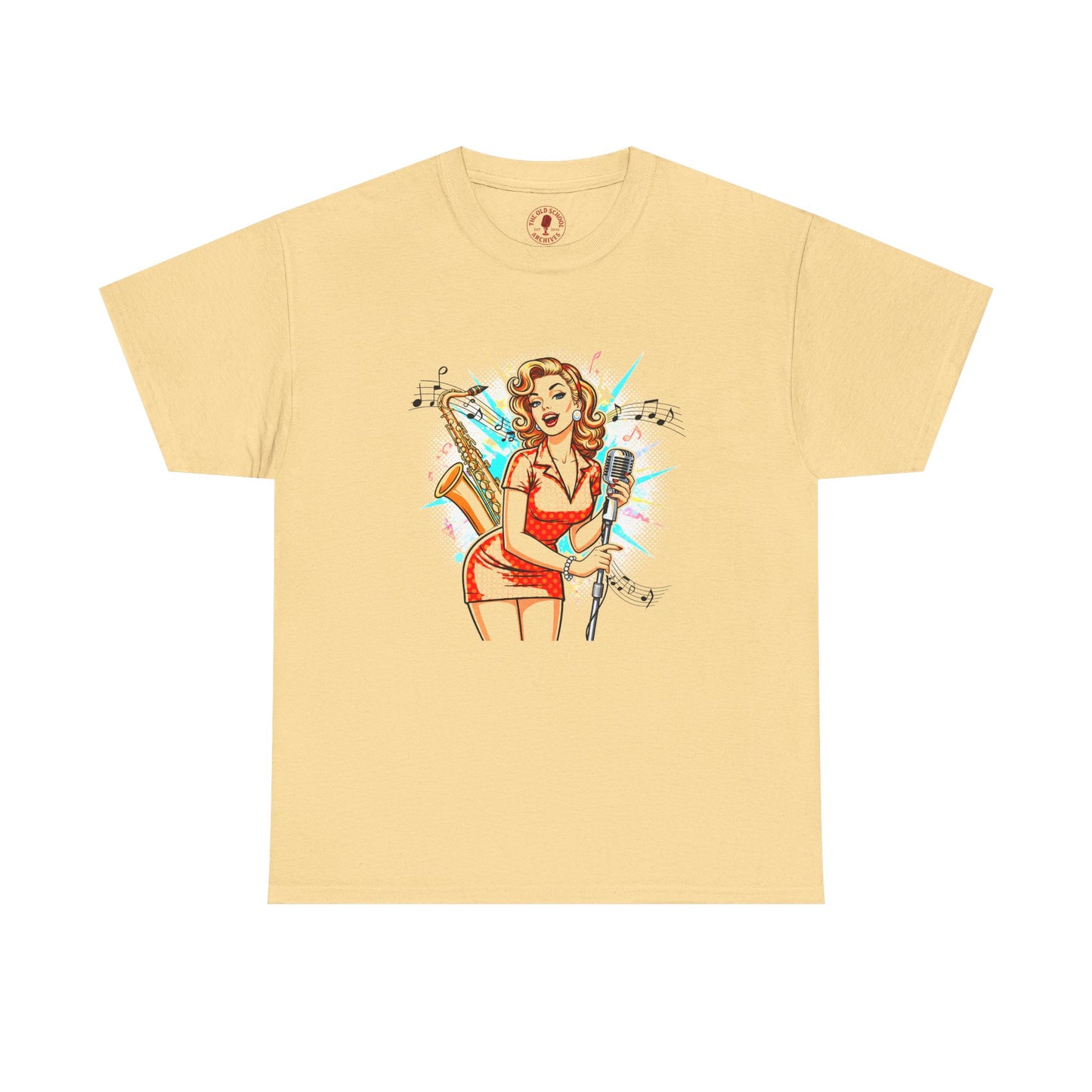 Pin-up Girl With Sax & Mic Tee, Unisex Heavy Cotton T-Shirt, Casual Statement Wear