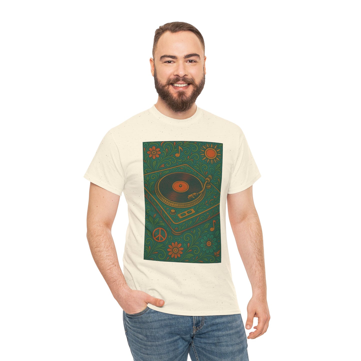 Retro Peace Love Turntable Tee Unisex Heavy Cotton T-Shirt Hipster Fashion
