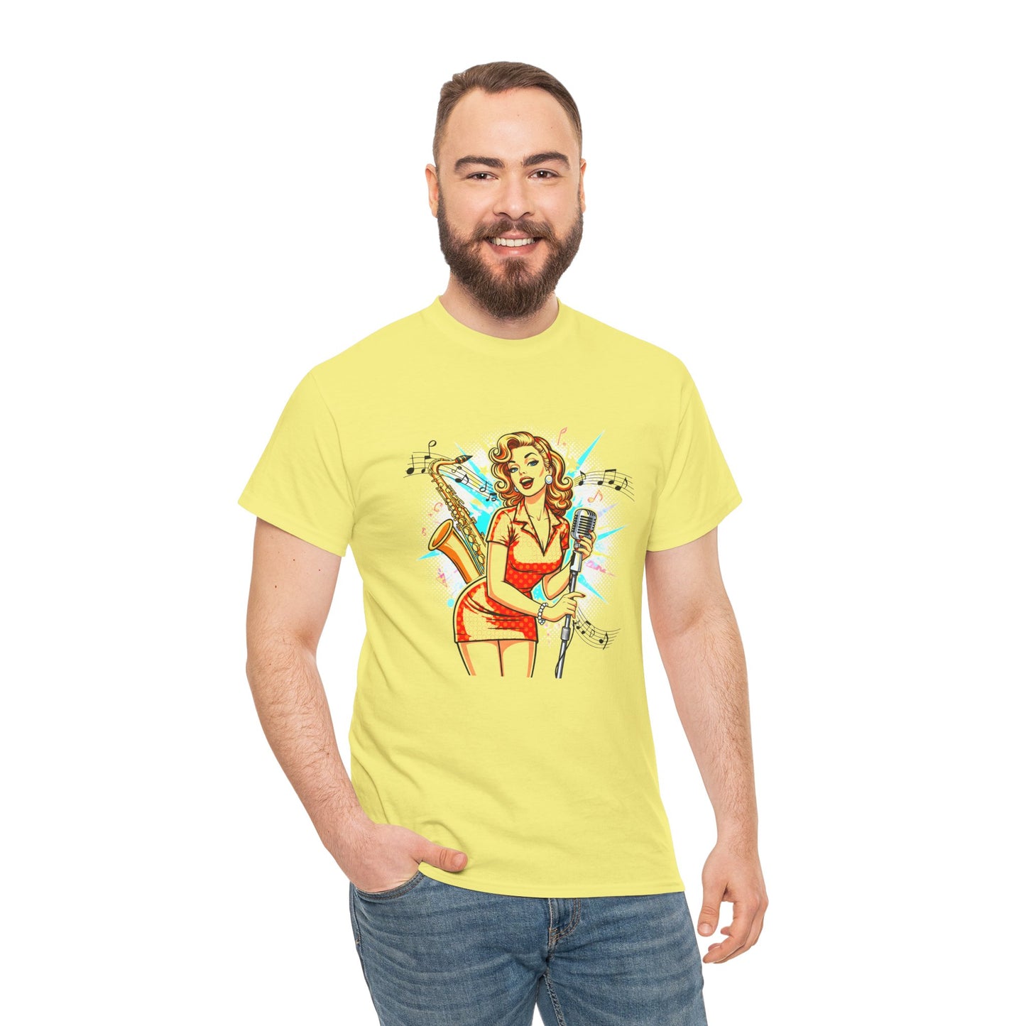 Pin-up Girl With Sax & Mic Tee, Unisex Heavy Cotton T-Shirt, Casual Statement Wear