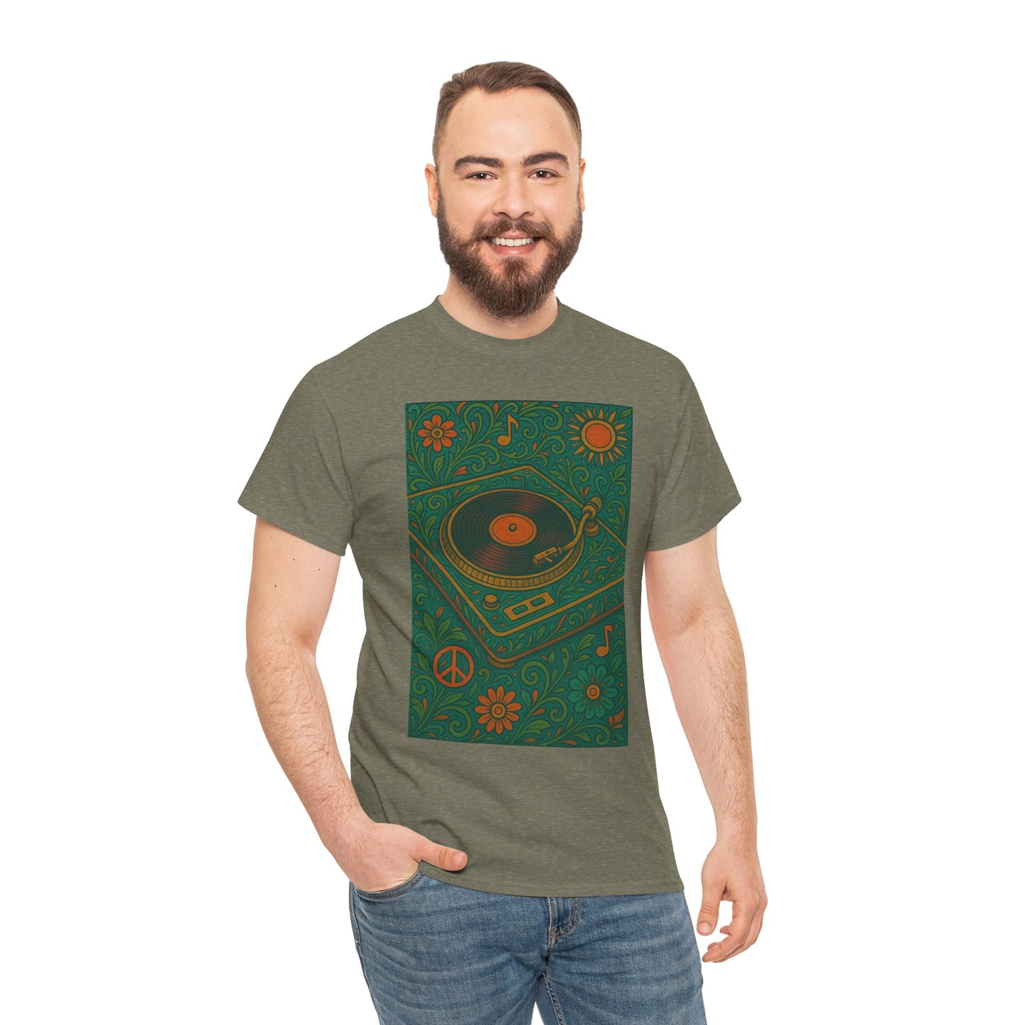 Retro Peace Love Turntable Tee Unisex Heavy Cotton T-Shirt Hipster Fashion