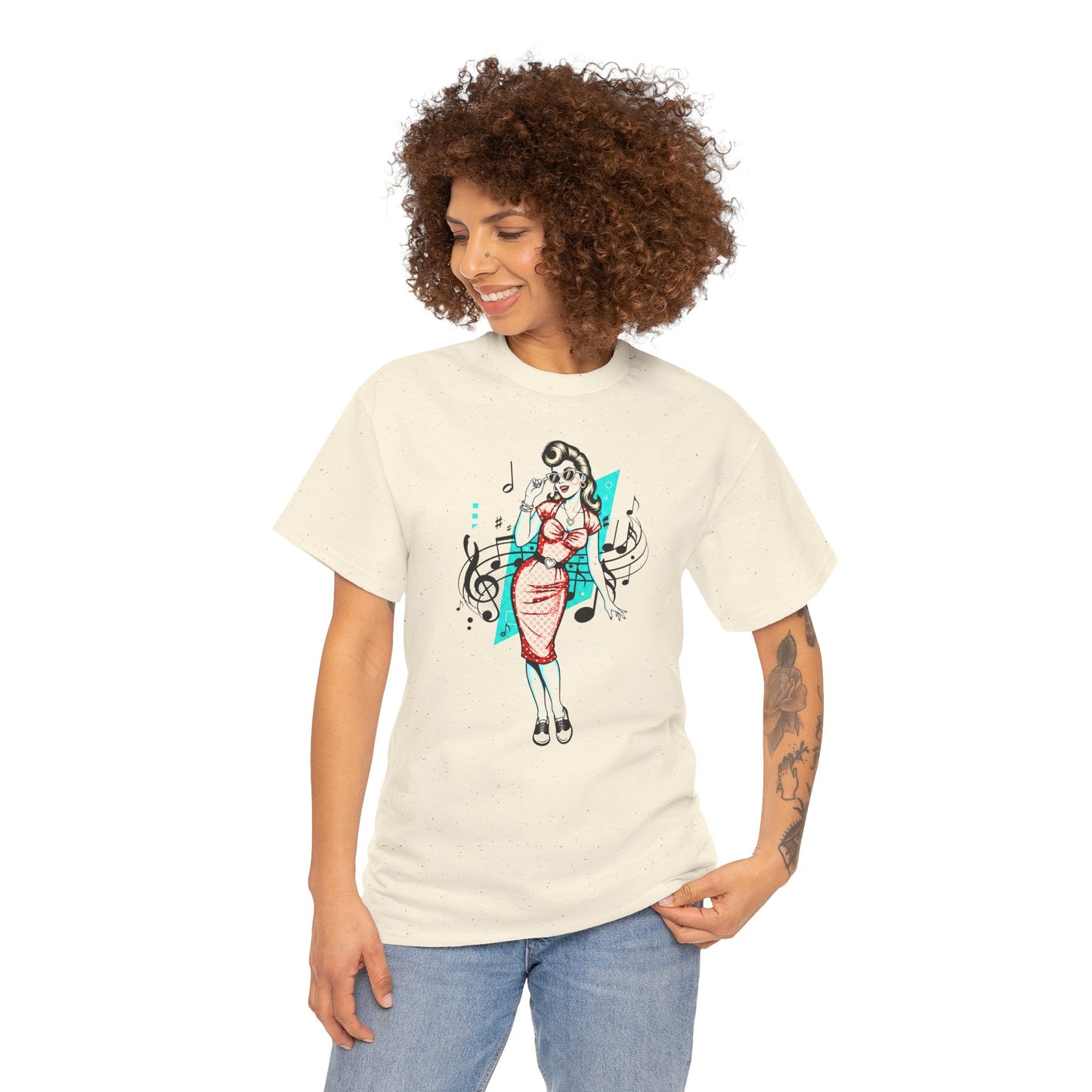 Pin-up Girl With Music Staff Notes Tee, Unisex Heavy Cotton T-Shirt, Casual Statement Wear