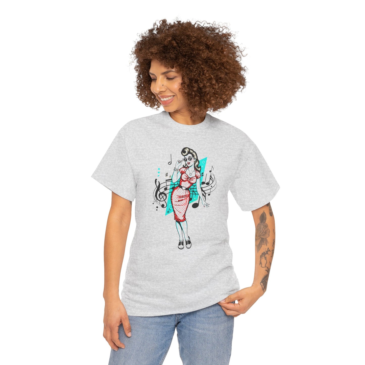 Pin-up Girl With Music Staff Notes Tee, Unisex Heavy Cotton T-Shirt, Casual Statement Wear