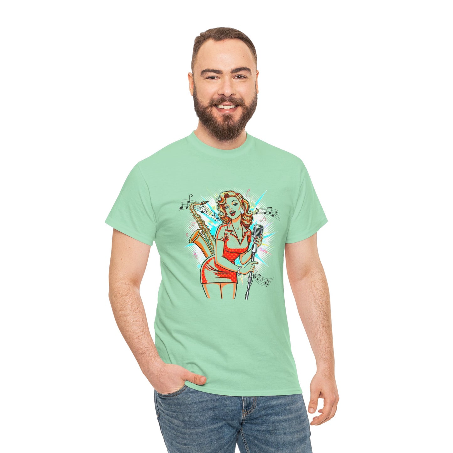 Pin-up Girl With Sax & Mic Tee, Unisex Heavy Cotton T-Shirt, Casual Statement Wear