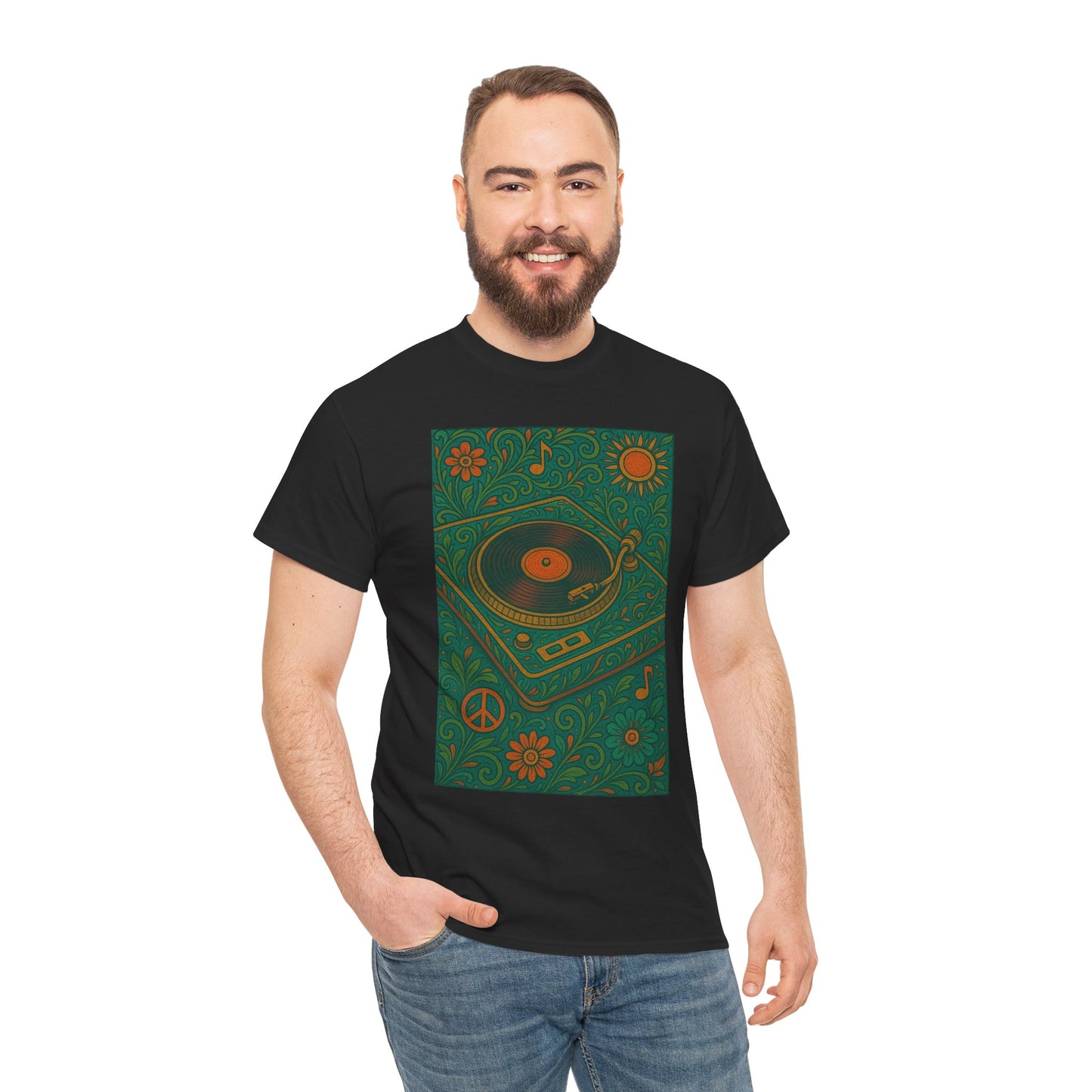 Retro Peace Love Turntable Tee Unisex Heavy Cotton T-Shirt Hipster Fashion