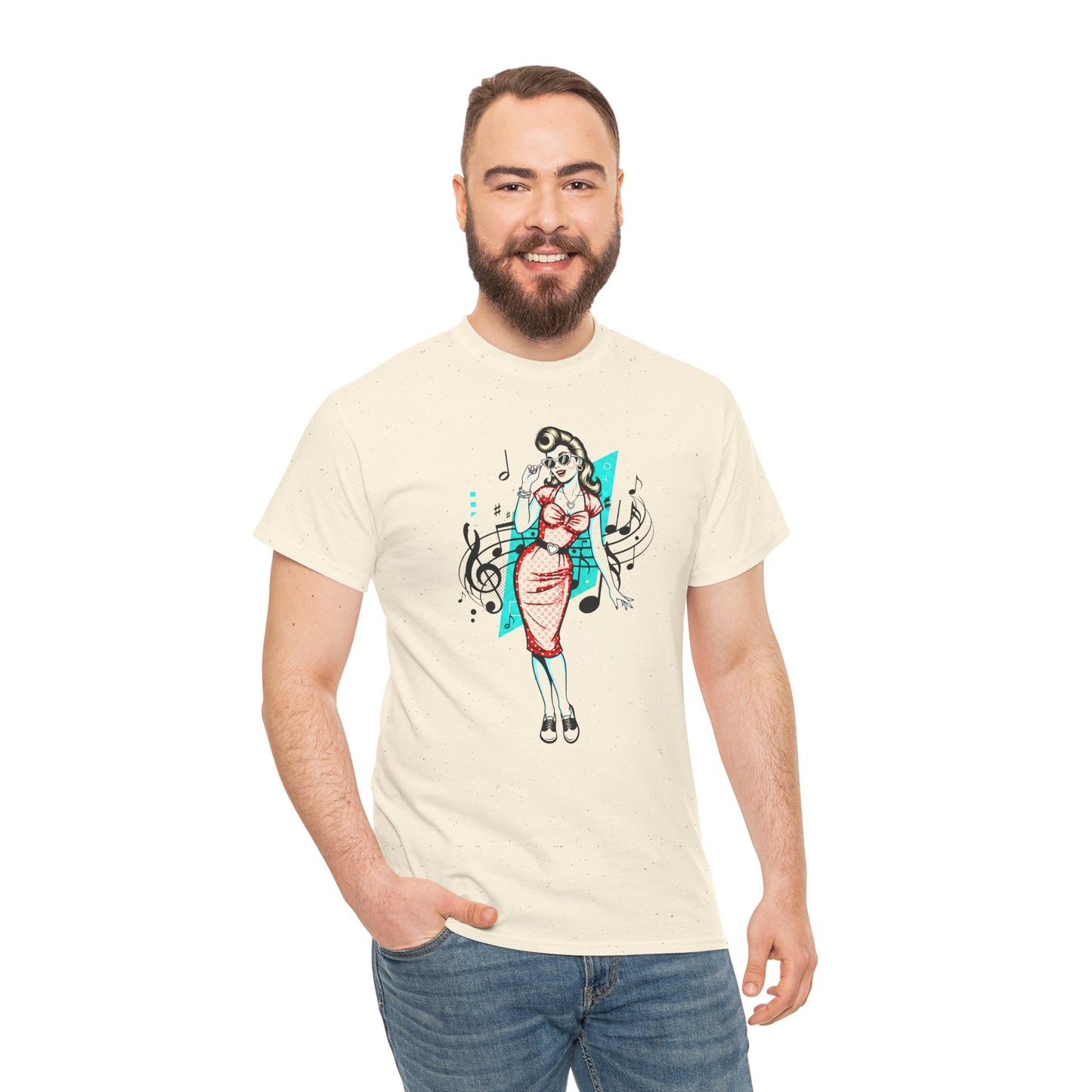 Pin-up Girl With Music Staff Notes Tee, Unisex Heavy Cotton T-Shirt, Casual Statement Wear