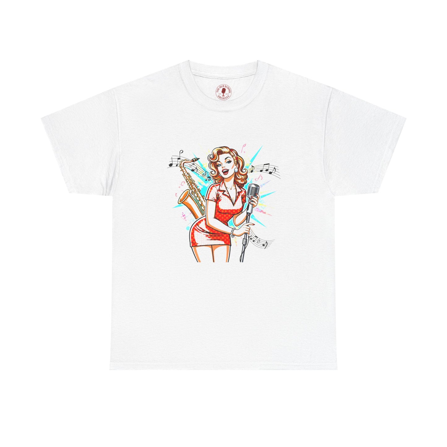 Pin-up Girl With Sax & Mic Tee, Unisex Heavy Cotton T-Shirt, Casual Statement Wear