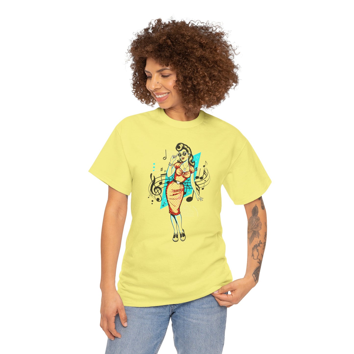 Pin-up Girl With Music Staff Notes Tee, Unisex Heavy Cotton T-Shirt, Casual Statement Wear
