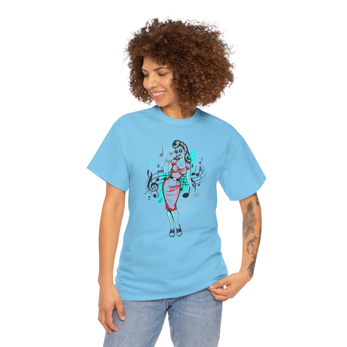Pin-up Girl With Music Staff Notes Tee, Unisex Heavy Cotton T-Shirt, Casual Statement Wear