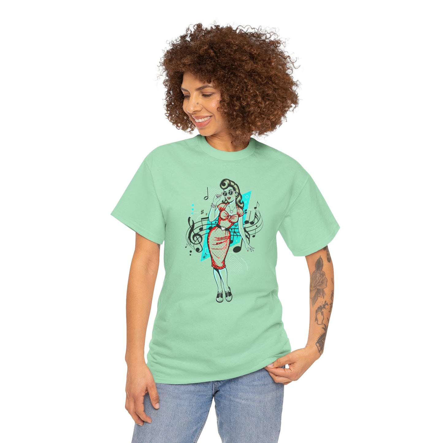 Pin-up Girl With Music Staff Notes Tee, Unisex Heavy Cotton T-Shirt, Casual Statement Wear