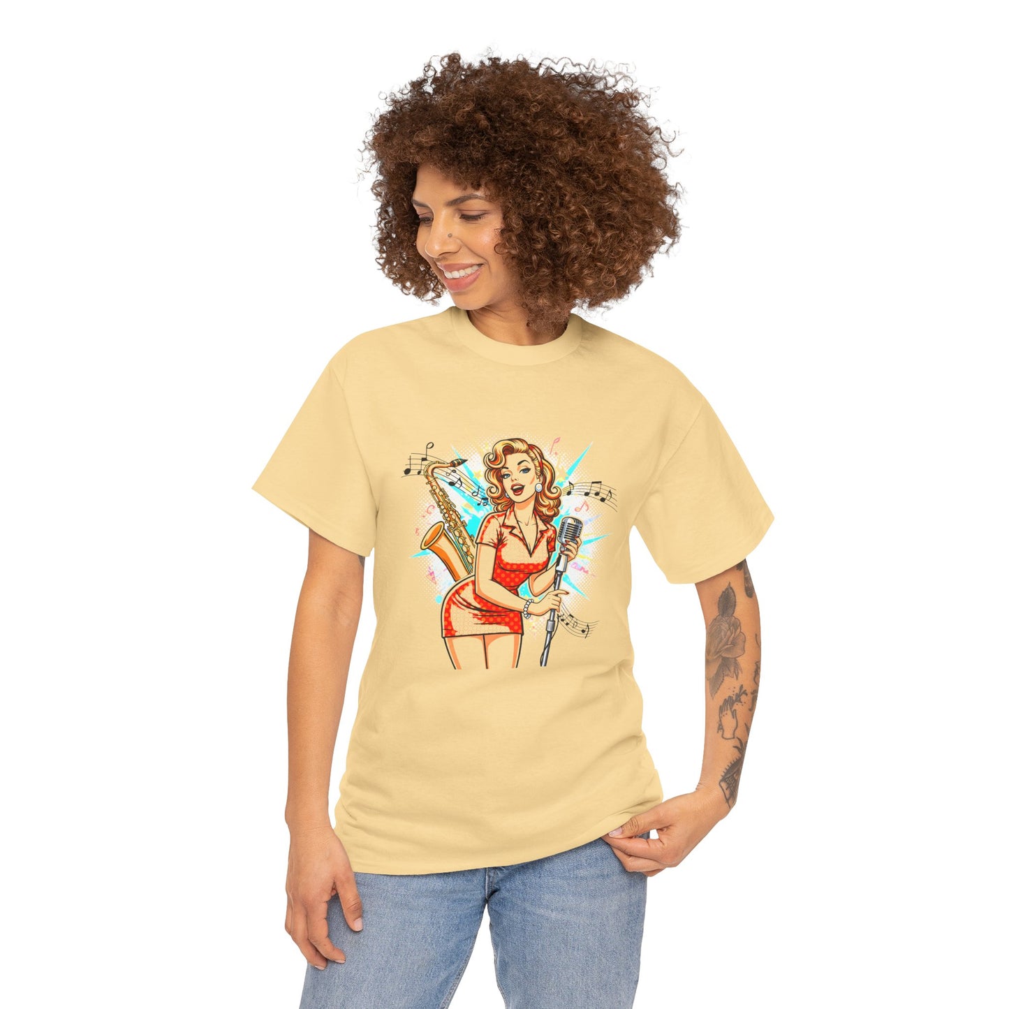 Pin-up Girl With Sax & Mic Tee, Unisex Heavy Cotton T-Shirt, Casual Statement Wear
